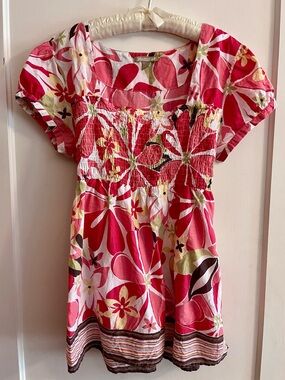 jeanstar Pink and Red Floral Cotton Square Neck Baby Doll Blouse Top Striped Hem